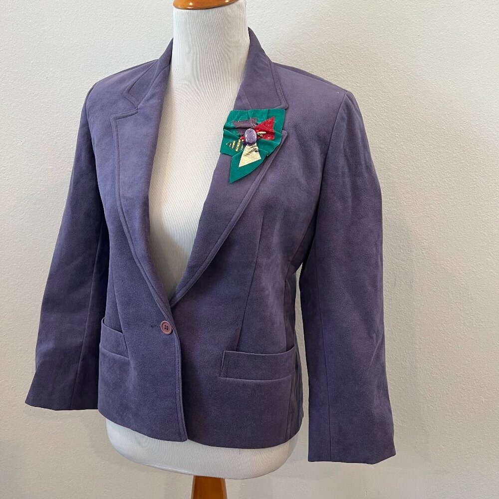 Vintage 80's purple UltraSuede Blazer w Iconic Suede Brooch sz 4 Newscaster